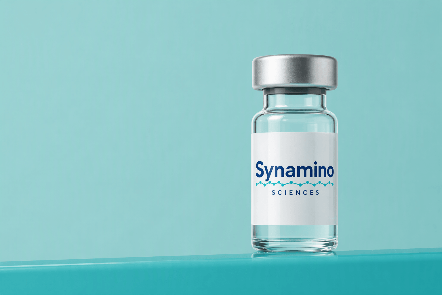 Synamino Sciences research vial with a silver cap on a teal background